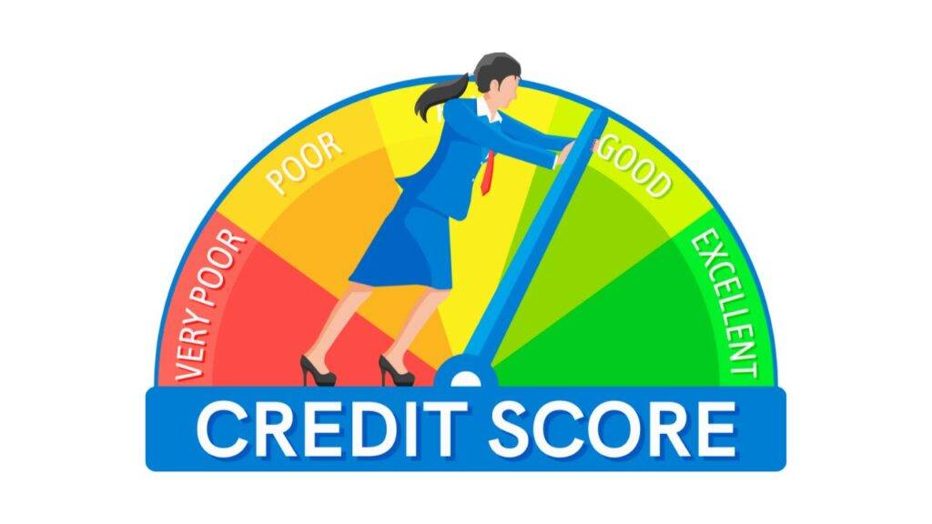 Illustration of a businesswoman pushing a credit score gauge from poor to excellent, representing how credit cards can influence your credit score