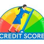 Illustration of a businesswoman pushing a credit score gauge from poor to excellent, representing how credit cards can influence your credit score