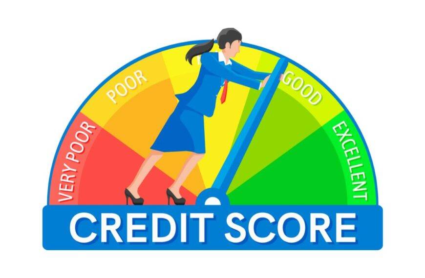 Illustration of a businesswoman pushing a credit score gauge from poor to excellent, representing how credit cards can influence your credit score