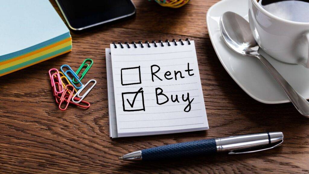 A notepad with 'Rent' and 'Buy' options, with 'Buy' checked, symbolizing the decision-making process for first-time buyers exploring low-doc mortgages in the UK