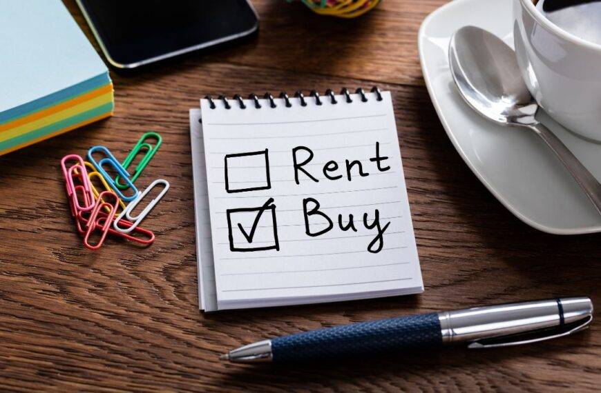 A notepad with 'Rent' and 'Buy' options, with 'Buy' checked, symbolizing the decision-making process for first-time buyers exploring low-doc mortgages in the UK