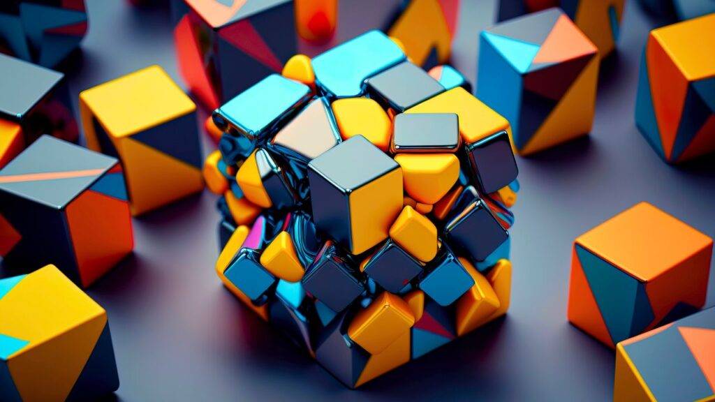 Abstract image depicting the disruption of creativity and innovation in remote work environments, with distorted, colorful cubes symbolizing blocked creative processes