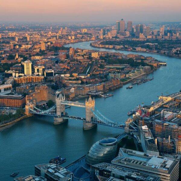 Aerial view of London, illustrating the top factors driving property price growth and real estate market trends