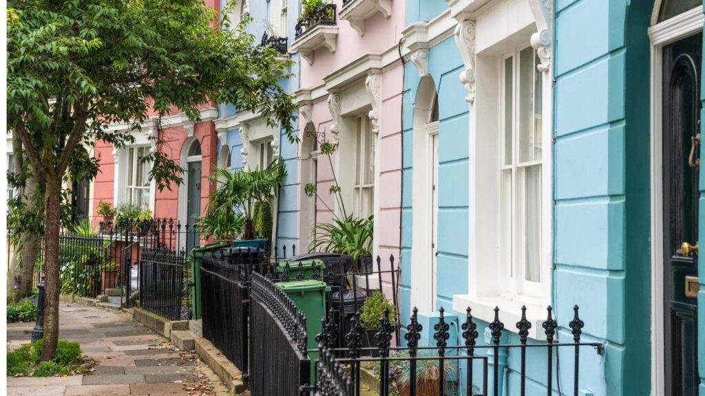 Colorful row of houses in a London suburb, highlighting the fastest-growing areas in terms of property prices from 2010 to 2024