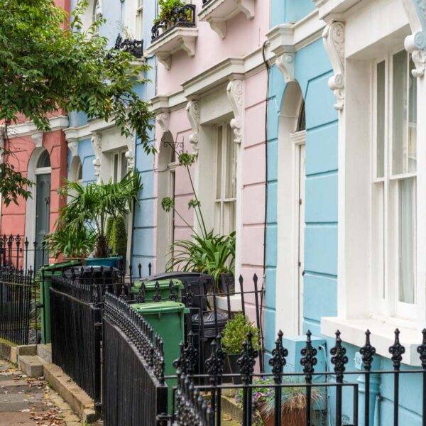 Colorful row of houses in a London suburb, highlighting the fastest-growing areas in terms of property prices from 2010 to 2024