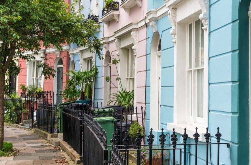 Colorful row of houses in a London suburb, highlighting the fastest-growing areas in terms of property prices from 2010 to 2024