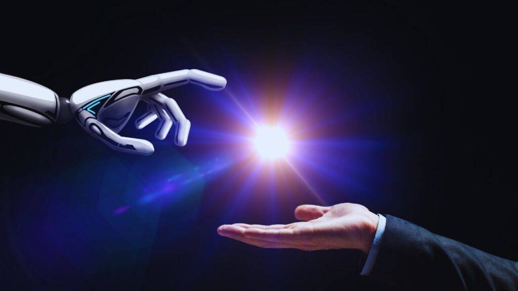 A robotic hand and human hand reaching toward a glowing light, symbolizing the collaboration and potential conflict between AI and human communication