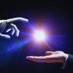 A robotic hand and human hand reaching toward a glowing light, symbolizing the collaboration and potential conflict between AI and human communication