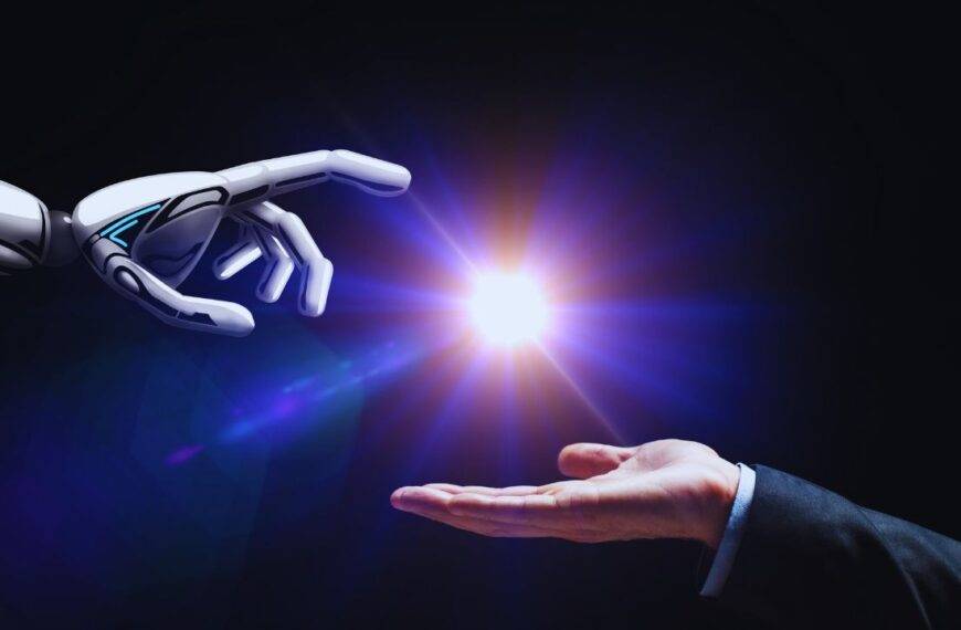 A robotic hand and human hand reaching toward a glowing light, symbolizing the collaboration and potential conflict between AI and human communication