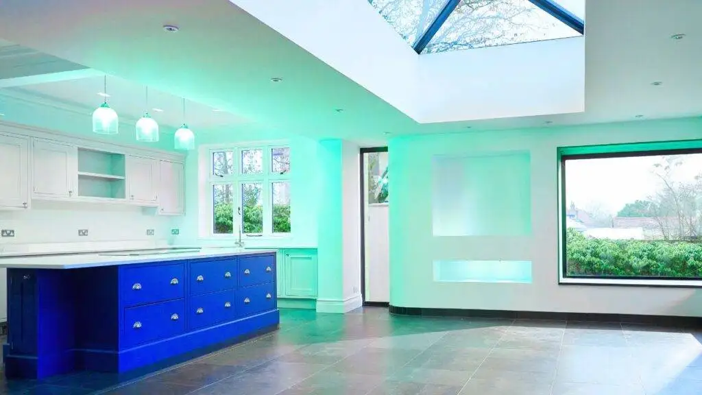 Modern kitchen with skylights in a modular home extension in the UK