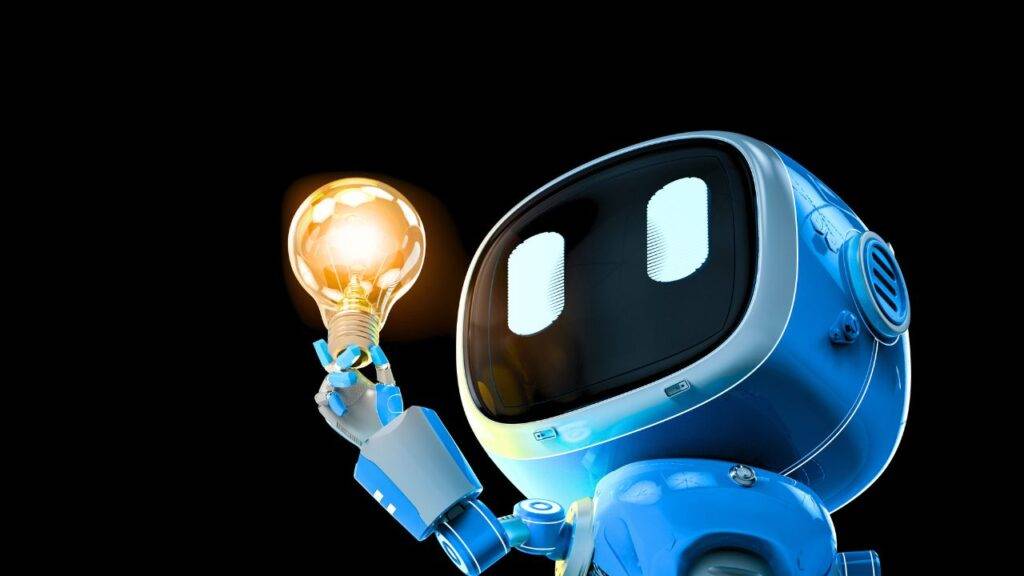 A futuristic robot holding a glowing light bulb, symbolizing innovative technology and AI advancements