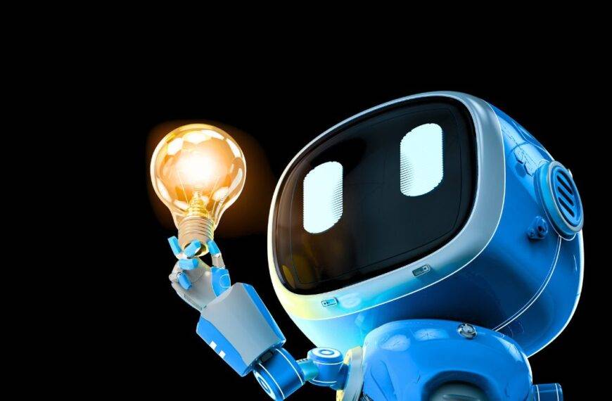 A futuristic robot holding a glowing light bulb, symbolizing innovative technology and AI advancements