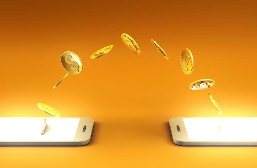 Illustration of coins transferring between two mobile phones, symbolizing digital banking and mobile money transfers