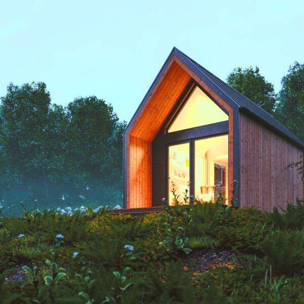 Tiny home in a forest setting showcasing modern sustainable living